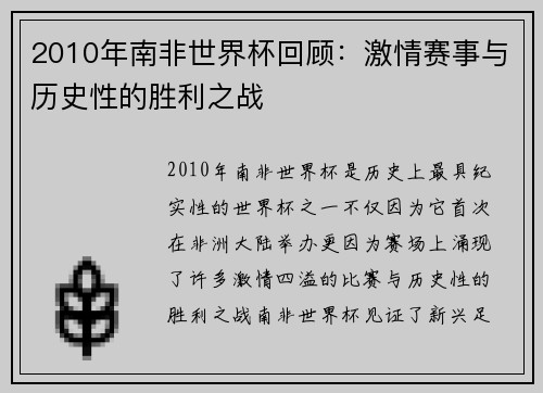 2010年南非世界杯回顾：激情赛事与历史性的胜利之战