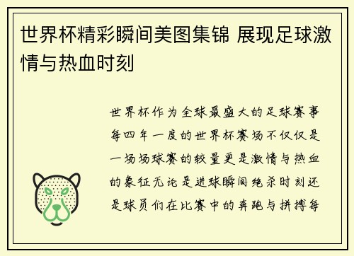 世界杯精彩瞬间美图集锦 展现足球激情与热血时刻