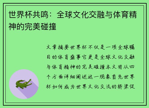 世界杯共鸣：全球文化交融与体育精神的完美碰撞
