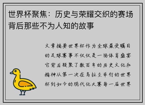 世界杯聚焦：历史与荣耀交织的赛场背后那些不为人知的故事